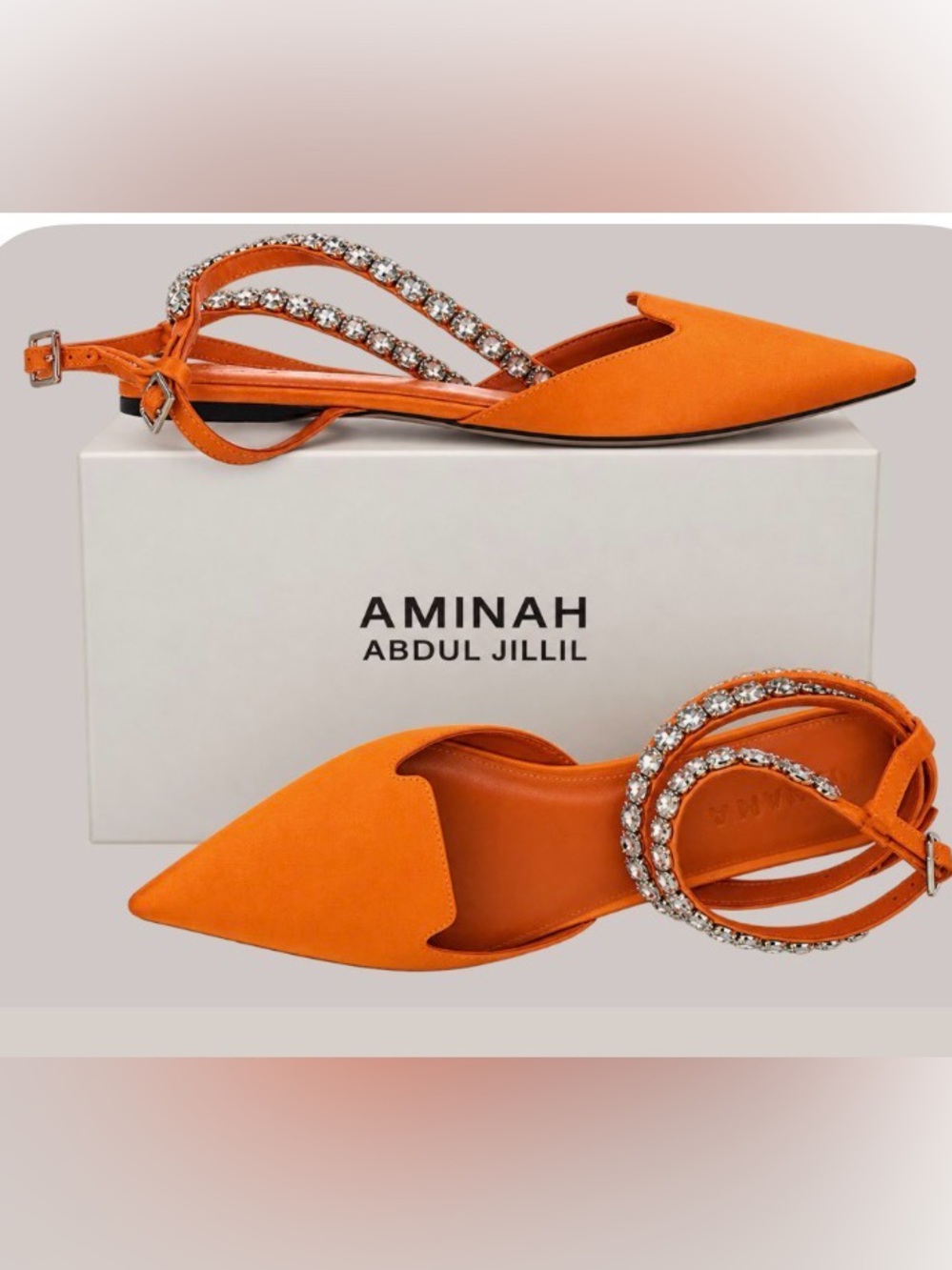 Aminah Abdul Jillil Orange Crystal-Strap Pointed Slingback Flats
